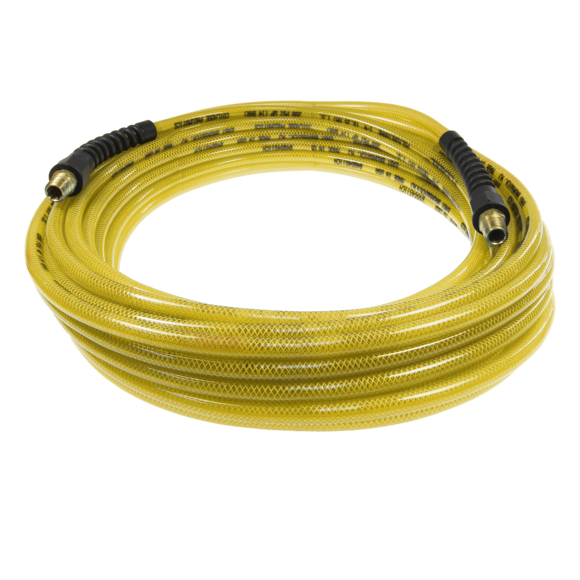 Coilhose Pneumatics PFE41004TY Flexeel Reinforced Polyurethane Air Hose, 1/4-Inch ID, 100-Foot Length with (2) 1/4-Inch MPT Reusable Strain Relief Fittings, Transparent Yellow by Coilhose Pneumatics