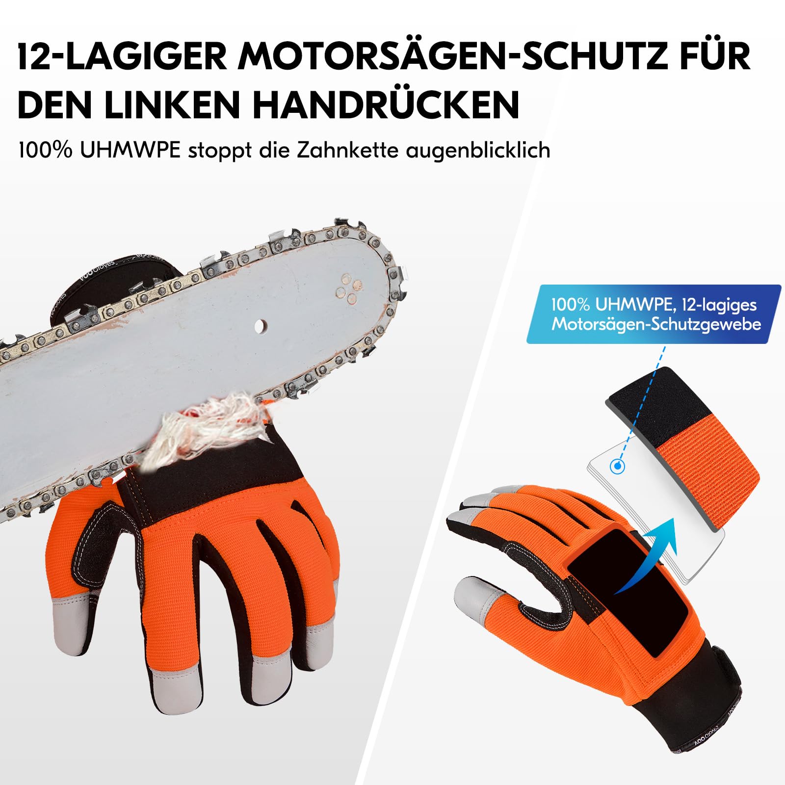 Vgo... 1 Paar EN381-7, Klasse 1, 20m/s, Kettensägenschutzhandschuhe, Schnittschutz, hohe Schnittfestigkeit, Ziegenleder und PVC (GA8912) 2
