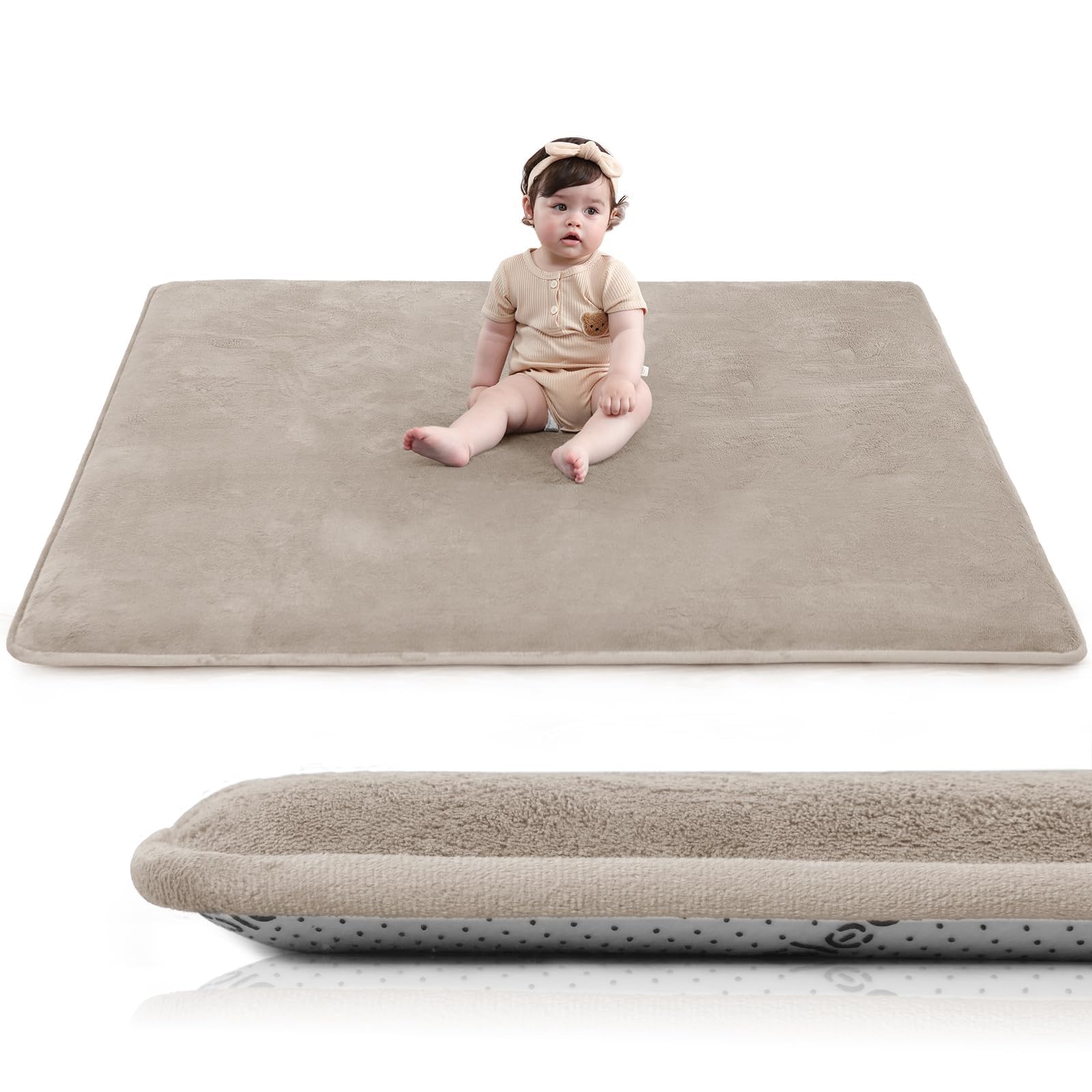 Huloo Sleep Baby Play Mat for Floor,1.3" Thick Elasti-Foam 47"×47" Playpen Mat for Tummy Time,Water Repellent Soft Coral Velvet for Toddler,Infant,Kids,Non-Slip Backing Safe for Crawling（Beige） Image