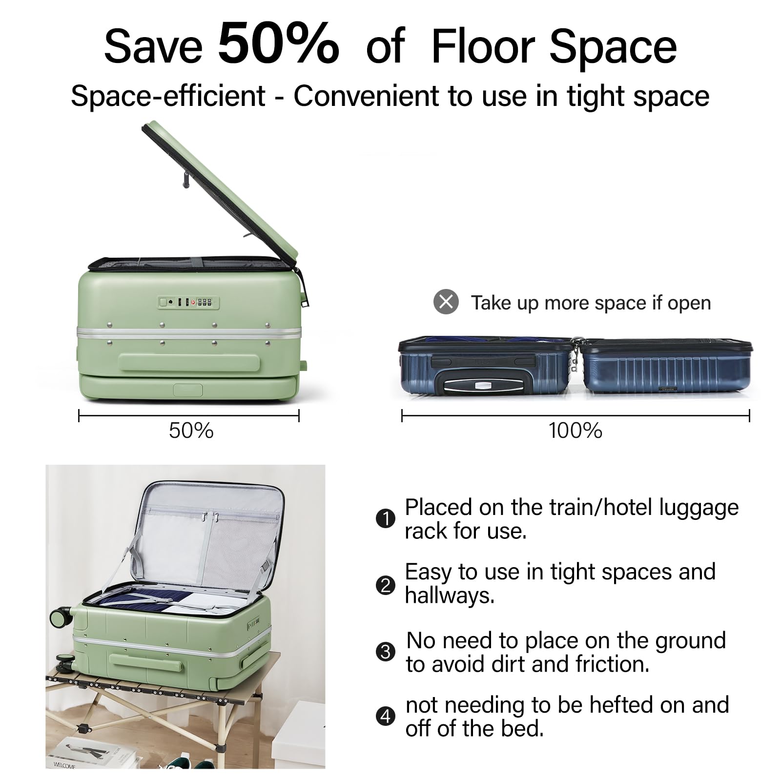 Hanke Top Opening Carry On Luggage, 20 Inch Zipperless Aluminum Frame Wide Handle Luggage, All-PC Hard Shell Trunk Suitcase with Spinner Wheels, TSA Airline Approved (Bamboo Green, 40L)
