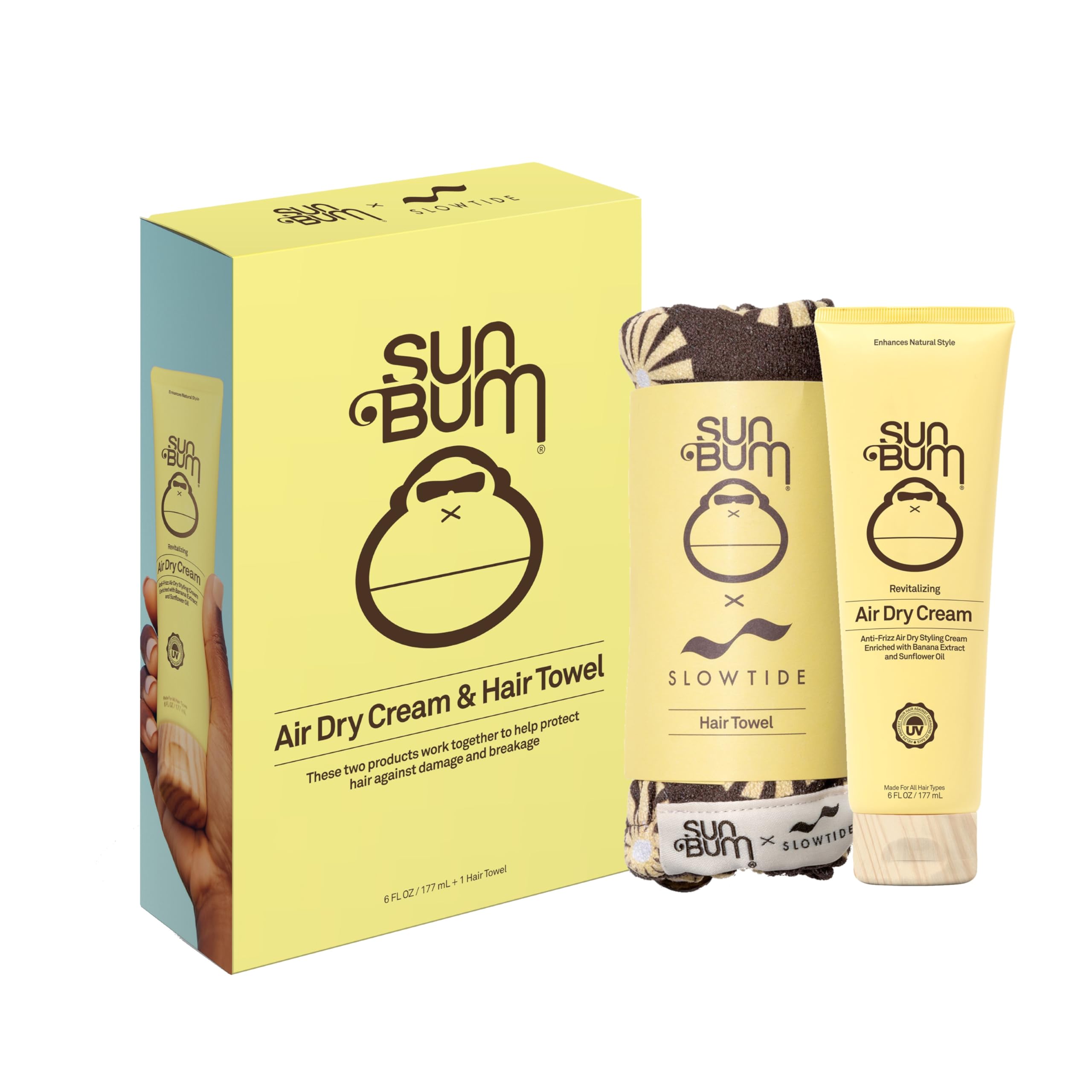 Photo 1 of Sun Bum Revitalizing Air Dry Cream and Slowtide Microfiber Hair Towel Kit - Helps Cut Drying Time and Prevents Frizz - Styling Cream with Banana Extract and Sunflower Oil - 6 fl oz, 1 towel