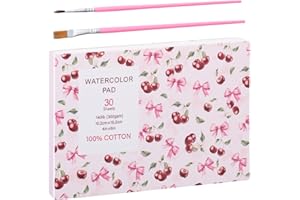PRUDIUT 30 Sheets Watercolor Paper Pad with 2 Pcs Watercolor Brush, 140 lb/300 GSM Watercolor Paper Cold Press Tearable Water Color Pad for Art Painting, Drawing, Mixed Media(4x6 Inch)
