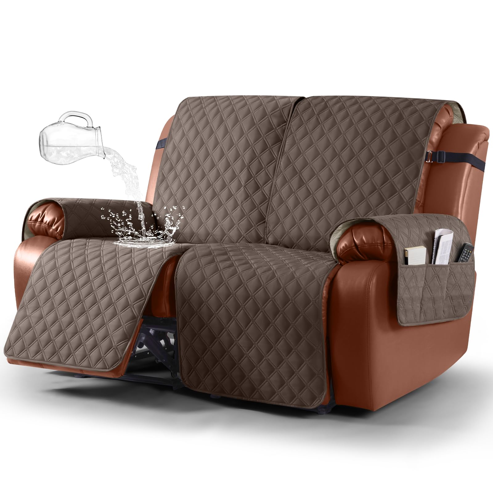 Photo 1 of Ruaozz Waterproof Recliner Sofa Covers, 1-Piece Couch Covers for Reclining Couches Reclining Couch Cover Washable Furniture Protector with Elastic Straps Pocket for Kids Pets (Brown, 2 Seater)