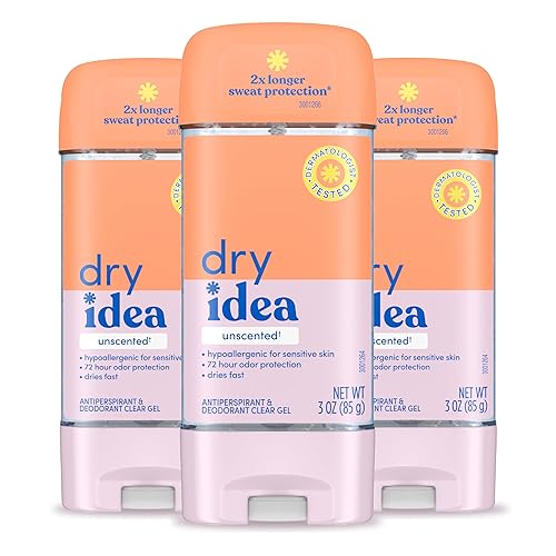 Dry Idea Gel Deodorant & Antiperspirant | 2X Longer Sweat Protection | 72-Hour Odor Protection | Unscented & Hypoallergenic for Sensitive Skin, 3 oz. (Pack of 3)