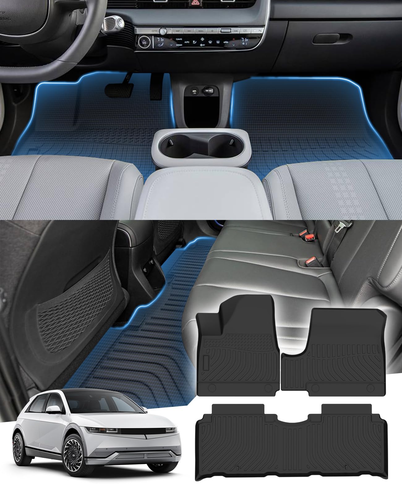 Sunsdrew Floor Mats for 2022-2024 Hyundai Ioniq 5 (Unmovable Console Only, Not for 2025), All Weather Floor Liners 1st & 2nd Row Car Mats Ioniq 5 Accessories TPE Rubber Raised Edge Image