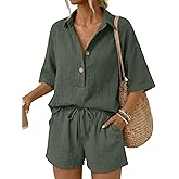 LILLUSORY Womens 2 Piece Linen Short Sets 2026 Summer Vacation V Neck 3/4 Sleeve Beach Outfits Oversized Button Casual Suits