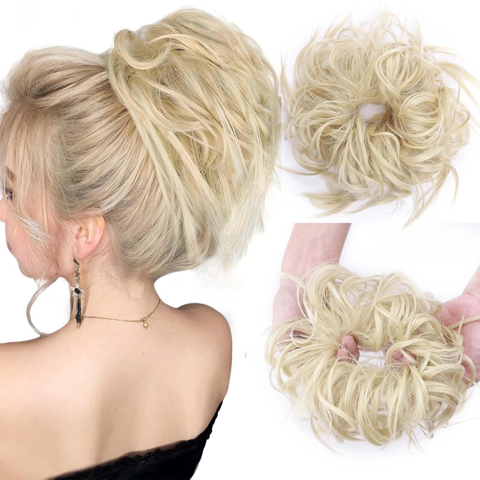 Real Fashion Tousled Updo Hair Pieces Messy Bun Hair-Scrunchies Extensions Hairpieces Ponytails HairExtensions for Women Bleach Blonde
