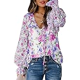 Biucly Women's Casual Boho Floral Print V Neck Long Sleeve Drawstring Tops Loose Blouses Button Down Shirts