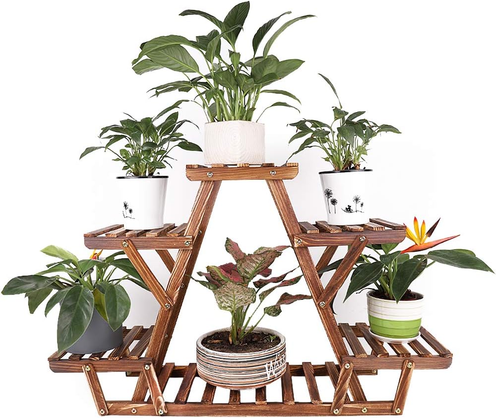 UNHO Wooden Ladder Shelf Triangular Plant Stand 6 Tiered Corner Plant Rack Indoor Outdoor Plant