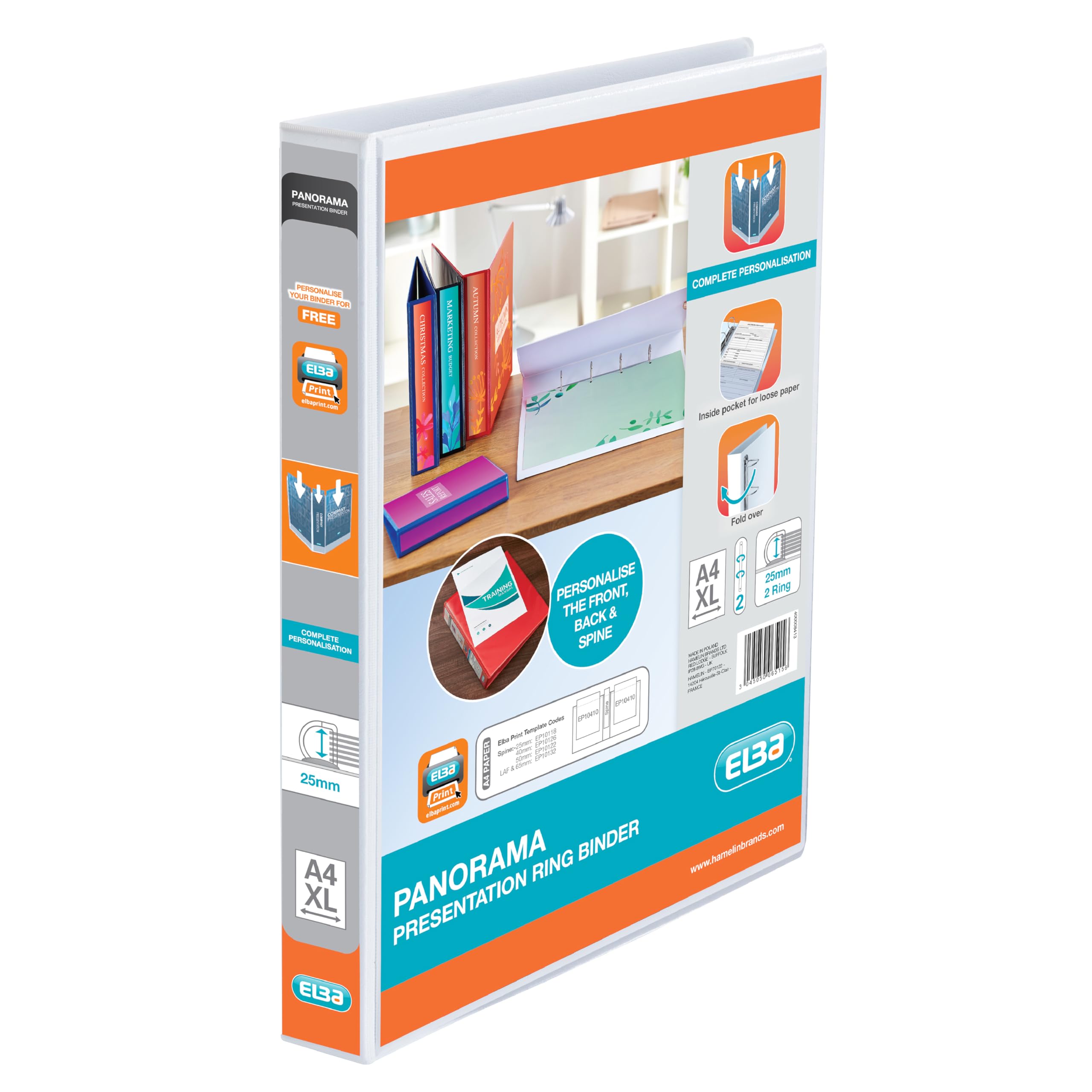 Elba A4 2 D-Ring Binder, 25mm capacity, 40mm spine, Presentation Folder with Customisable Cover, Portrait, White (Single)