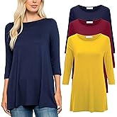 Free to Live 3 Pack 3/4 Sleeve Tunic Tops for Women Casual Long Shirts Loose Fit Dressy to Wear with Leggings Travel Clothes