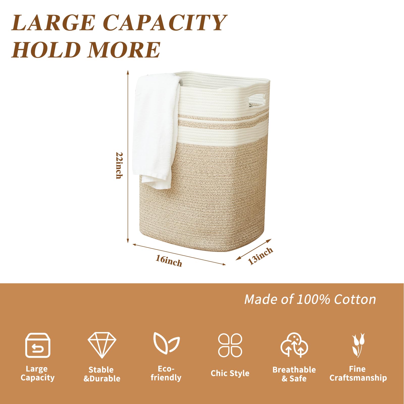 Casaphoria Laundry Hamper Laundry Basket Laundry Bin Blanket Basket,Storage Basket for Pillows,Hampers for Bedroom,Woven Basket,Baskets for Storage Baskets for Organizing-16x13x22in-Light Brown