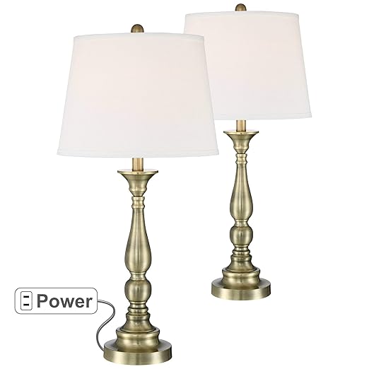 Sophie Traditional Table Lamps Set Of 2 With Ac Power Outlet Brass Metal Tapered Drum Shade For Living Room Bedroom Bedside Nightstand Office Family