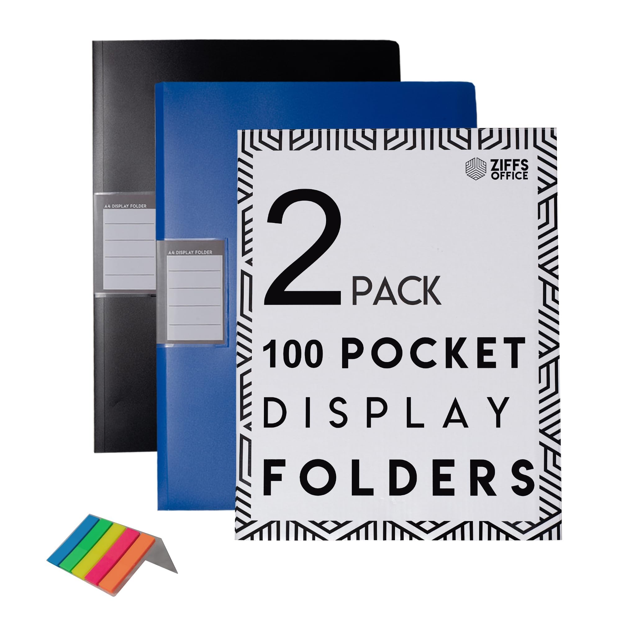 Ziffs Office 2 x 100 Pocket A4 Display Folders - Presentation Book With Plastic Pockets - 250 Sticky Labels Included - Project Folder - British Brand