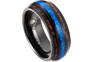 Aloha Jewelry Company 8mm Opal Tungsten Carbide Hawaiian Koa Tree Wood with Created Comfort Fit Ring Engagement Wedding Band Dome Style Weighted High Polished Finish with Gift box