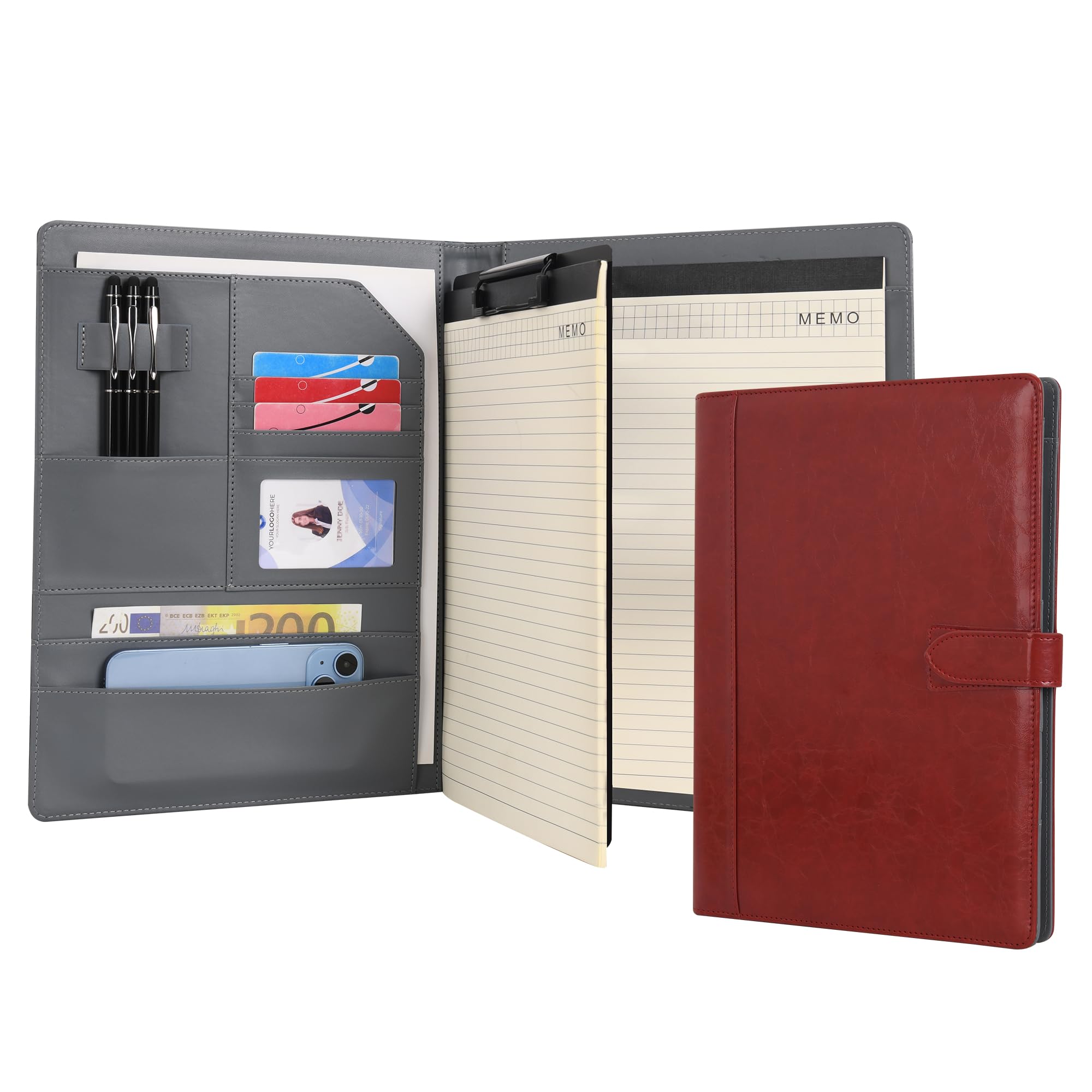 Wason Portfolio Case Leather PU A4 with Clipboard Notepad Forms Holders Document Writing File - Interview Planner Meeting Lecture Organizer for Man and Woman (Red)