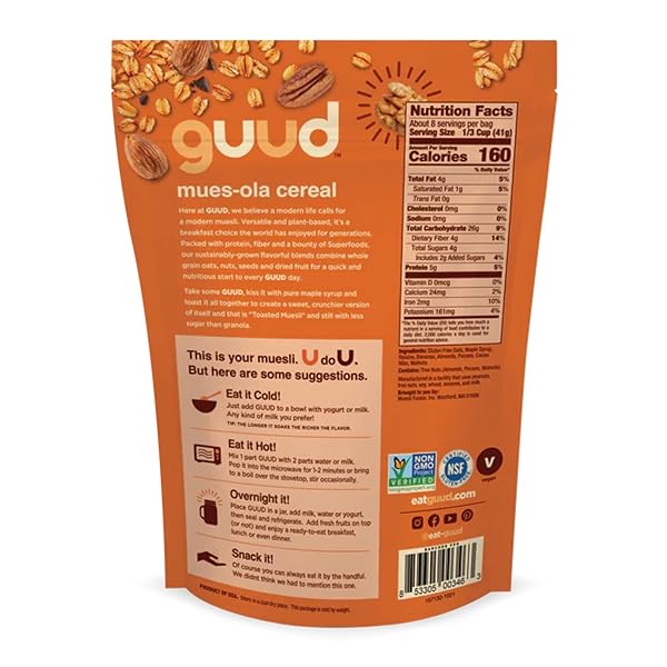 GUUD NUTTY CACAO TOASTED MUESOLA CEREAL, 12 OUNCE, SLIGHTLY SWEET MUESLI, GLUTEN FREE, OATS, RAISINS, BANANAS, ALMONDS, PECANS, CACAO NIBS, WALNUTS, VEGAN, NON-GMO CERTIFIED, KOSHER
