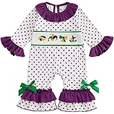 kacubwyy Mardi Gras Baby Outfit Girls Bell Long Sleeve Romper Embroidery Smocked Outfit Spring Clothes Newborn Outfits