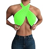 Mokoru Women's Sexy Sleeveless Halter Criss Cross Tank Crop Tops Self Tie Backless Cami
