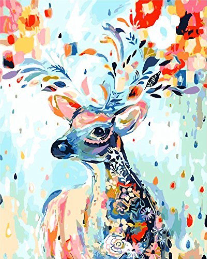 YEESAM ART Stationery Colorful Deer Painted Flowers Antlers, Paint by Numbers 16x20 inch DIY Painting Kits for Home Wall Decor (Deer, Framed)