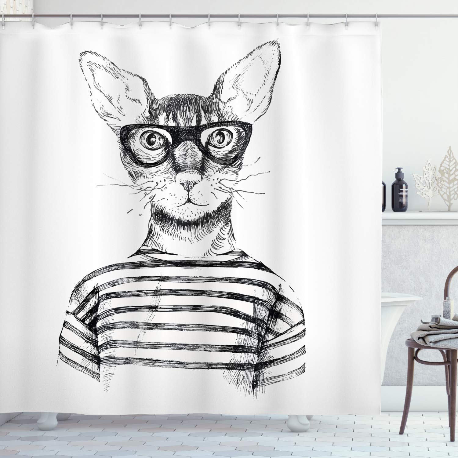 ABAKUHAUS Cat Shower Curtain, Hand Drawn Dressed up Hipster New Age Cat Fashion Urban Free Spirit Artwork Print, Cloth Fabric Bathroom Decor Set with Hooks, 86 Inches Extra Long, Black White