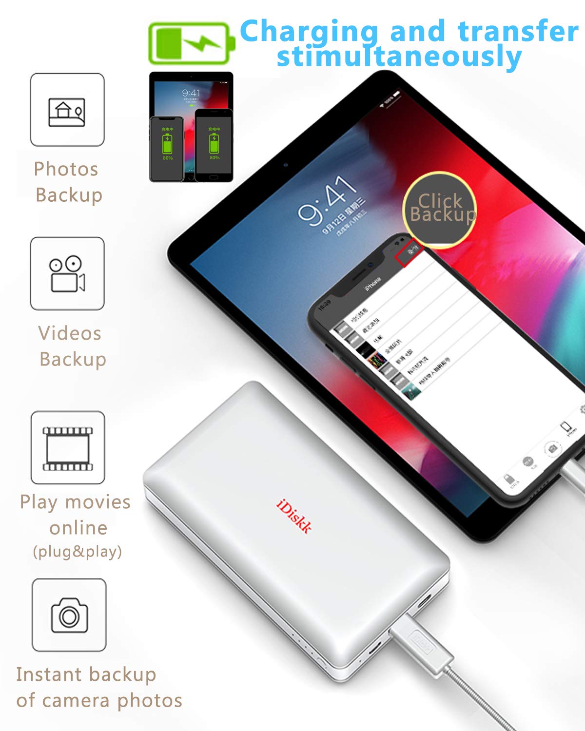 iDiskk App-le Mfi Certified 1TB iPad External Hard Drive Photo Stick for iPhone 16/15 Android Photo Backup Storage for iPhone 15/14/13/12/12 Pro Max/12 pro/11 pro/X/XR,Mac/iMac/PC,10000mAh Power Bank