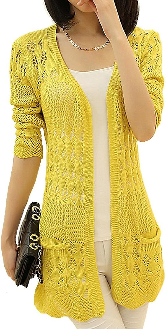 Amazon Big Laugh レディース 長袖 透かし編み レース サマーニット ニットカーディガン アウター トップス 透け イエロー カーディガン ボレロ 通販