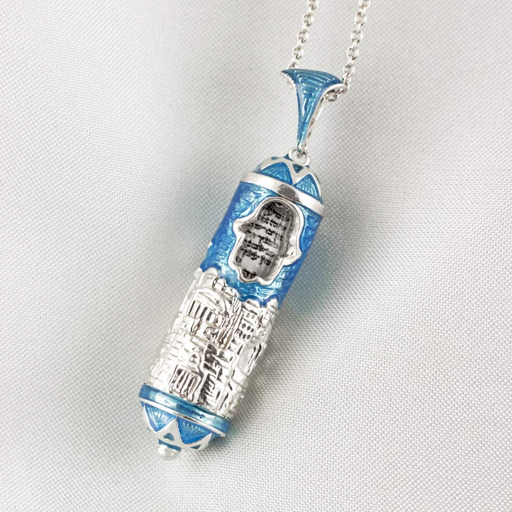 Sterling Silver Mezuzah Necklace Jerusalem with Hamsa