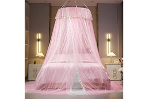 VETHIN Princess Bed Canopy for Girls Double Layer Sheer Mesh Dome Elegant Embroidery Lace Mosquito Net Bed Curtain for Full Queen King Bed with led Stars String Lights(Pink/White-1)