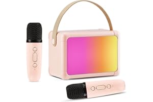 Karaoke Machine for Kids, Giecy Mini Portable Bluetooth Karaoke Speaker with 2 Wireless Mics and Colorful Lights for Kids Adults, Gifts Toys for Girls Boys Family Home Party (Pink)