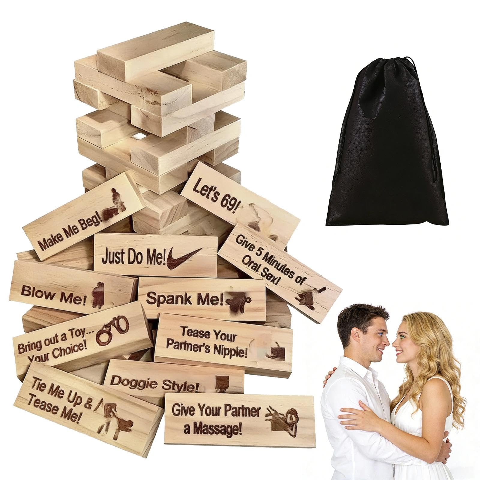 YIFKJYLF Adult Wooden Lust Tower, 48Pcs Couples Games for Adults with Storage Bag, Stacking Tower Game Gifts for Date Nights Valentines Day Romantic Activity