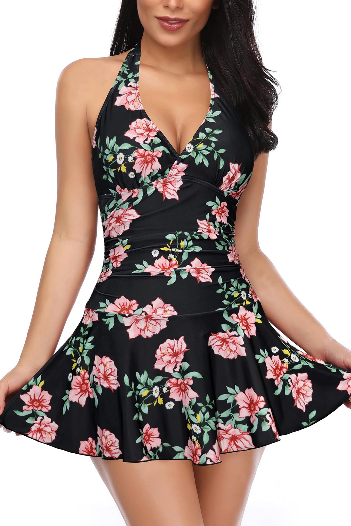 Photo 1 of SHEKINI Women's Halter One Piece Skirt Swimsuit Ruched Swimdress Tummy Control Bathing Suit (Flower-B, Large)