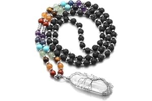 Jovivi Natural 7 Chakras Healing Crystals Necklace Wire Wrapped Clear Quartz Stone Pendant Healing Pointed Reiki Energy Balancing