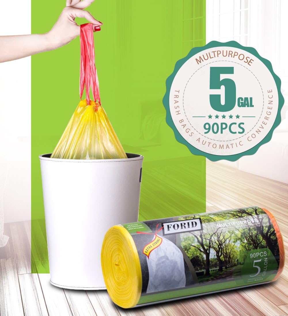 FORID 5 Gallon Drawstring Strong Trash Bag Durable Garbage