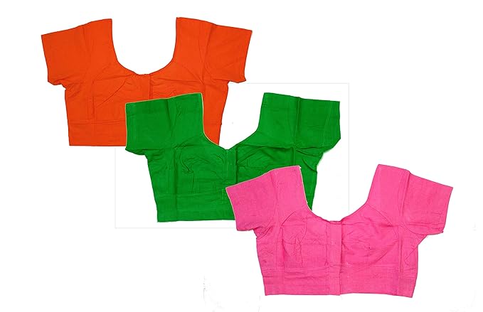 DITI'S Round neck readymade short sleeve non padded cotton ready to wear regular saree blouse (orrange,green,pink) (pack of 3)