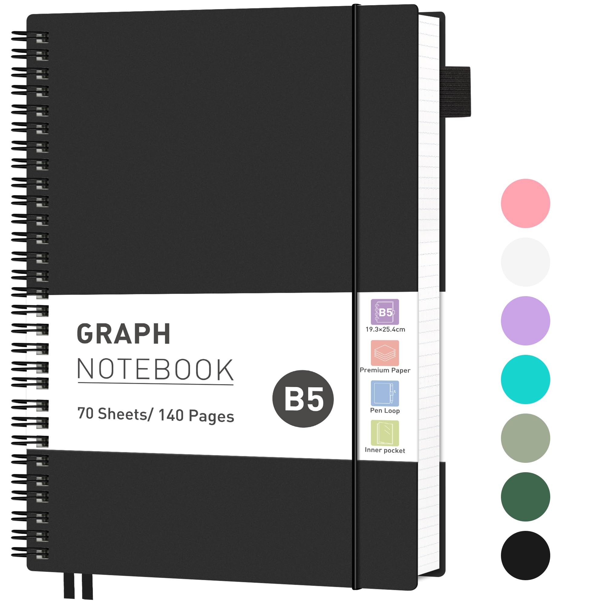 RETTACY Graph Grid Paper Notebook, 140 Pages, B5 Size (19 x 25 cm), 5mm per Square, 100 GSM Thick Paper, Flexible Plastic Cover, Spiral-bound, for School, Students, Math, Engineering (Black)