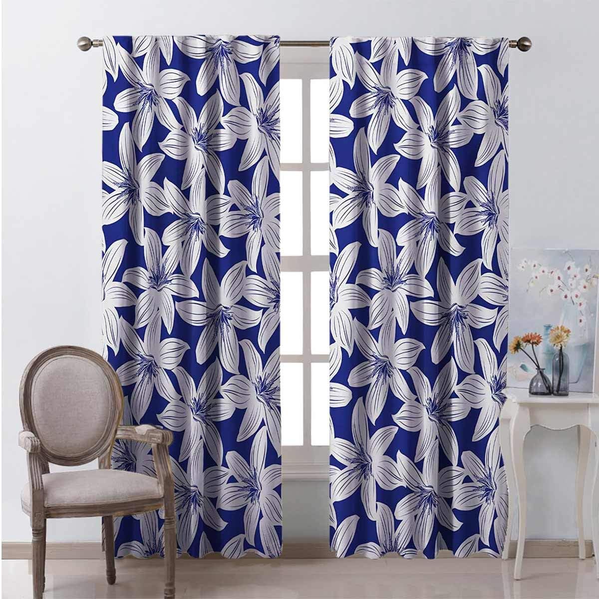 Cortinas opacas con diseño de pétalos de hibisco tropicales, color azul