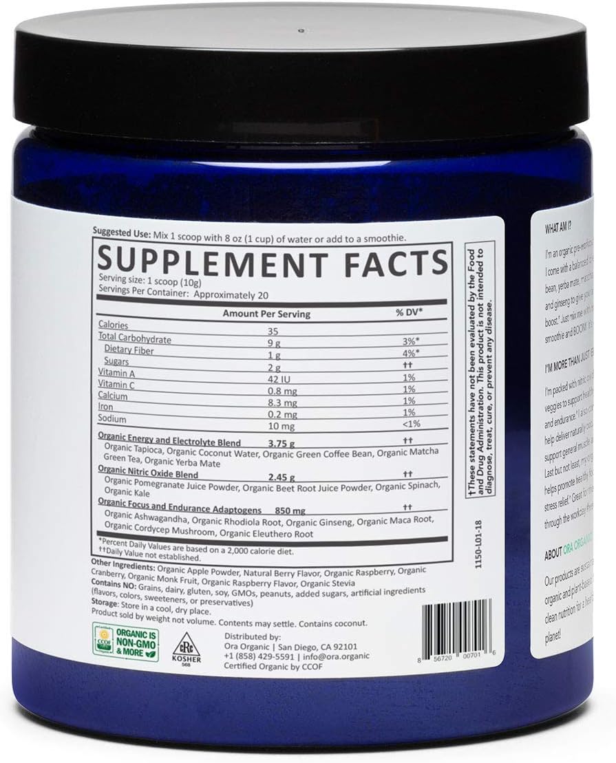 Ora Organic Natural Pre Workout Powder - Vegan Energy Supplement, Organic Beet Powder Blend Provides Jitter-Free Energy Boost & Focus, for Women & Men - Pomegranate Beet Flavor, 20 Servings: Health & Personal Care