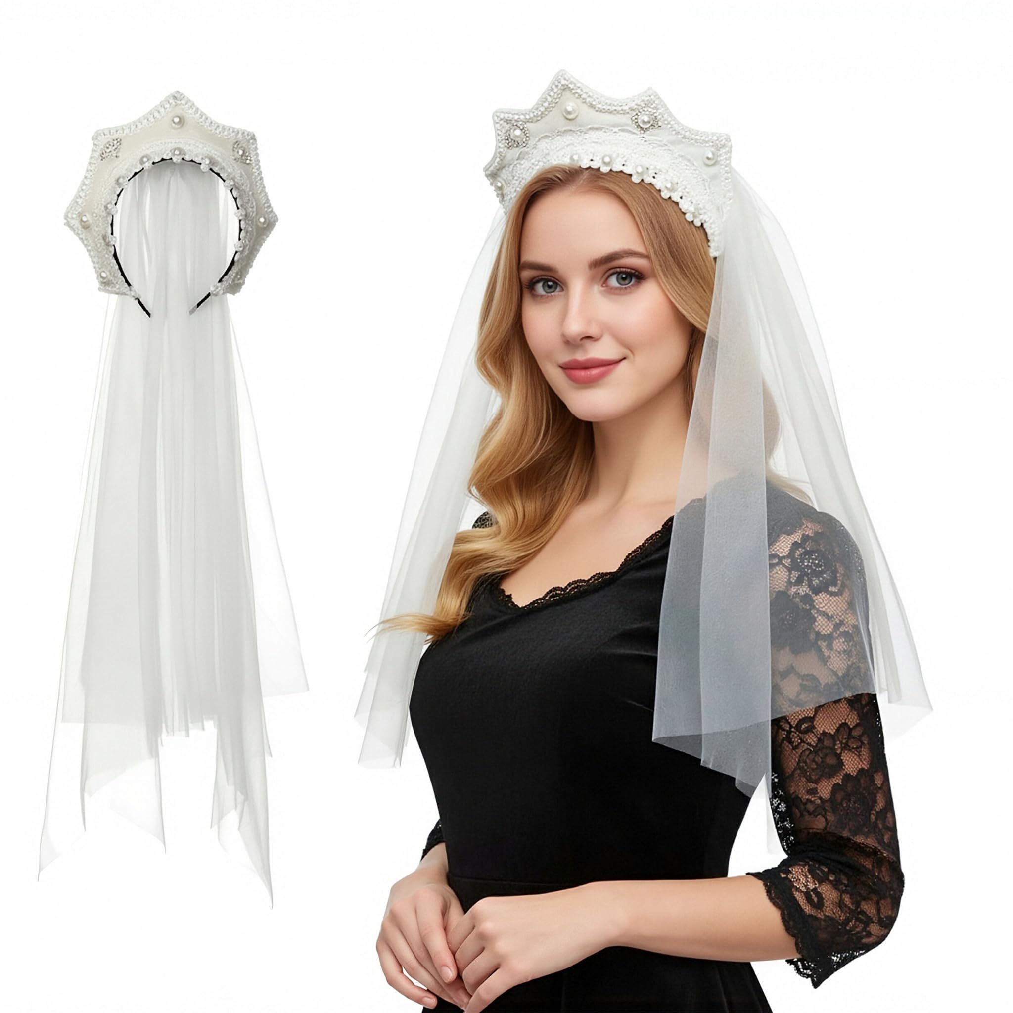 FAD-4U Anne Boleyn Hat Tudor Gable Hood Cap Elizabethan Headwear Renaissance Costume Headdress for Women Cosplay Party (White-58, One Size)