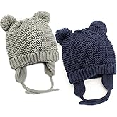 Exemaba Earflaps Hat - Infant Toddler Kids Soft Warm Knit Winter Hat with Fleece Lining(Grey&Navy,S)
