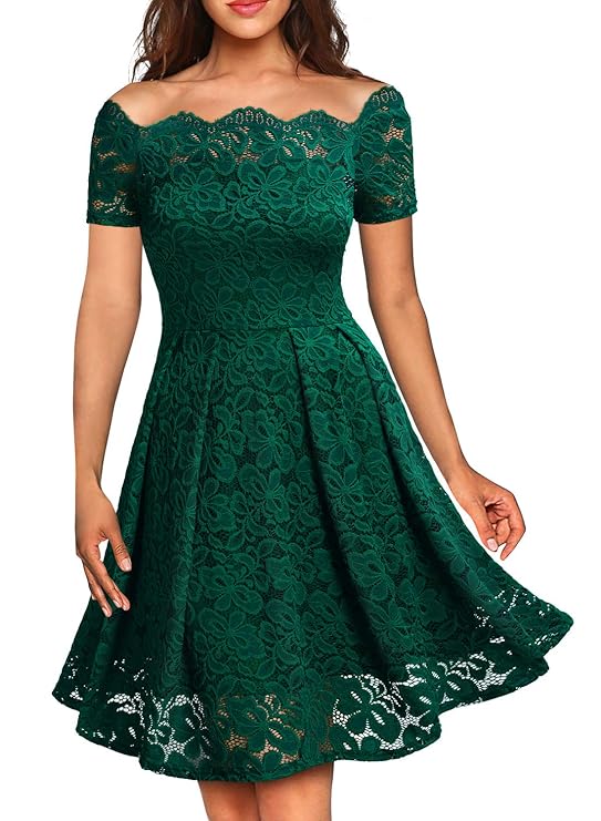 Miusol Damen Vintage 1950er Off Schulter Cocktailkleid Spitzen Schwingen Pinup Rockabilly Kleid