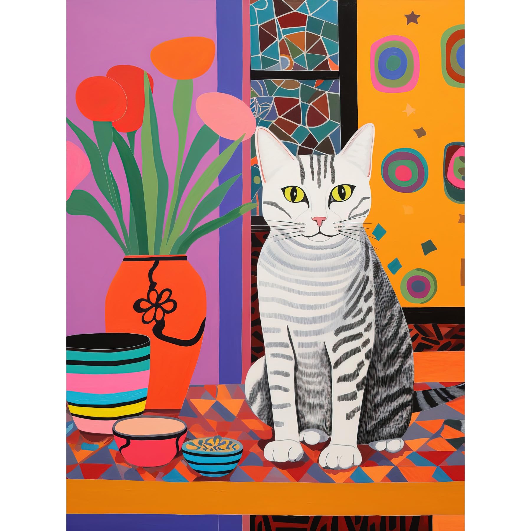 Artery8 The Stripey Cat Sits Artwork Potted Flower Plant Henri Matisse Style Painting Home Bold Bright Vibrant Folk Art Extra Large XL Wall Art Poster Print