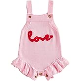 Vicaankue Newborn Baby Girl Valentines Day Outfit Love Embroidery Knit Ruffle Bubble Romper Knitted Sweater Overalls Bodysuit