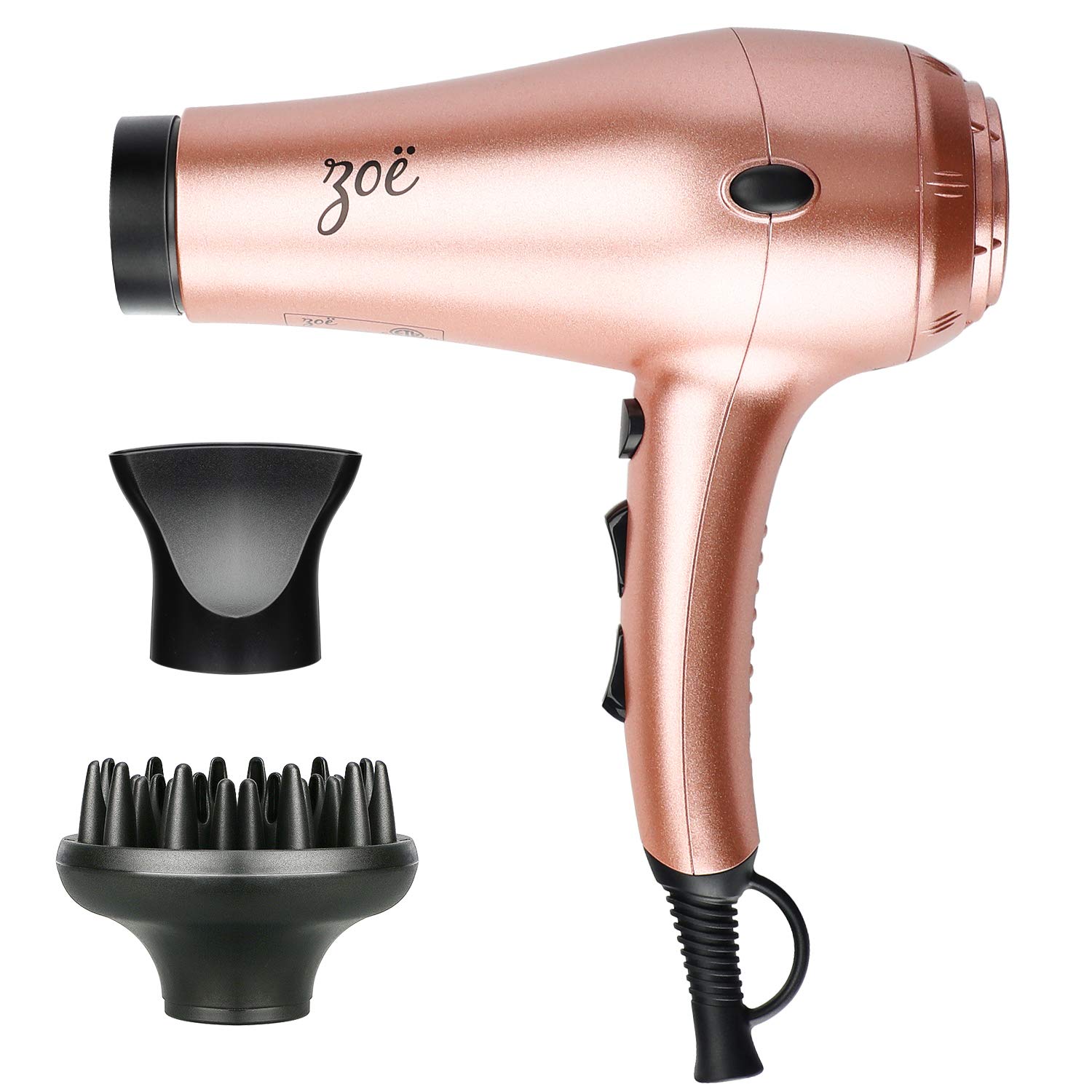 Prizm Rose Gold Professional Ionic Tourmaline Ceramic Dryer with 1875 Watts of Drying Power. Includes Concentrator and Bonus Volumizing Finger Diffuser