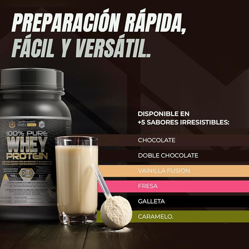 Proteína de Soro | Proteína Pura de Soro com Colagénio + Magnésio | Tonifica e aumenta a massa muscular | Melhore os Seus Treinos | 1000g de proteína (Baunilha)