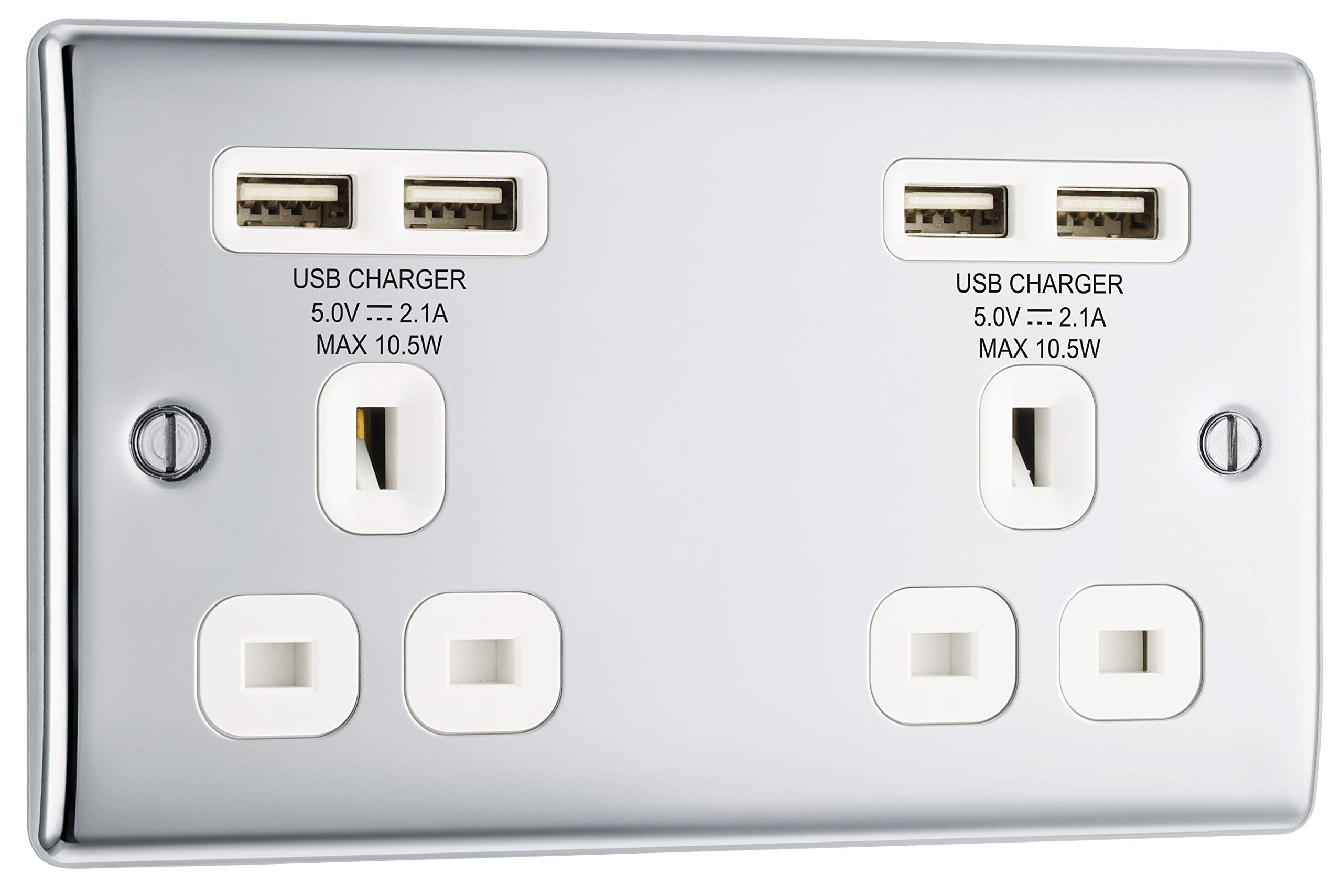 BG Electrical NPC24U44W-01 Double Unswitched Fast Charging Power Socket with Two USB Charging Ports, 13 A, Polished Chrome, 14.6 cm*3.1 cm*8.6 cm