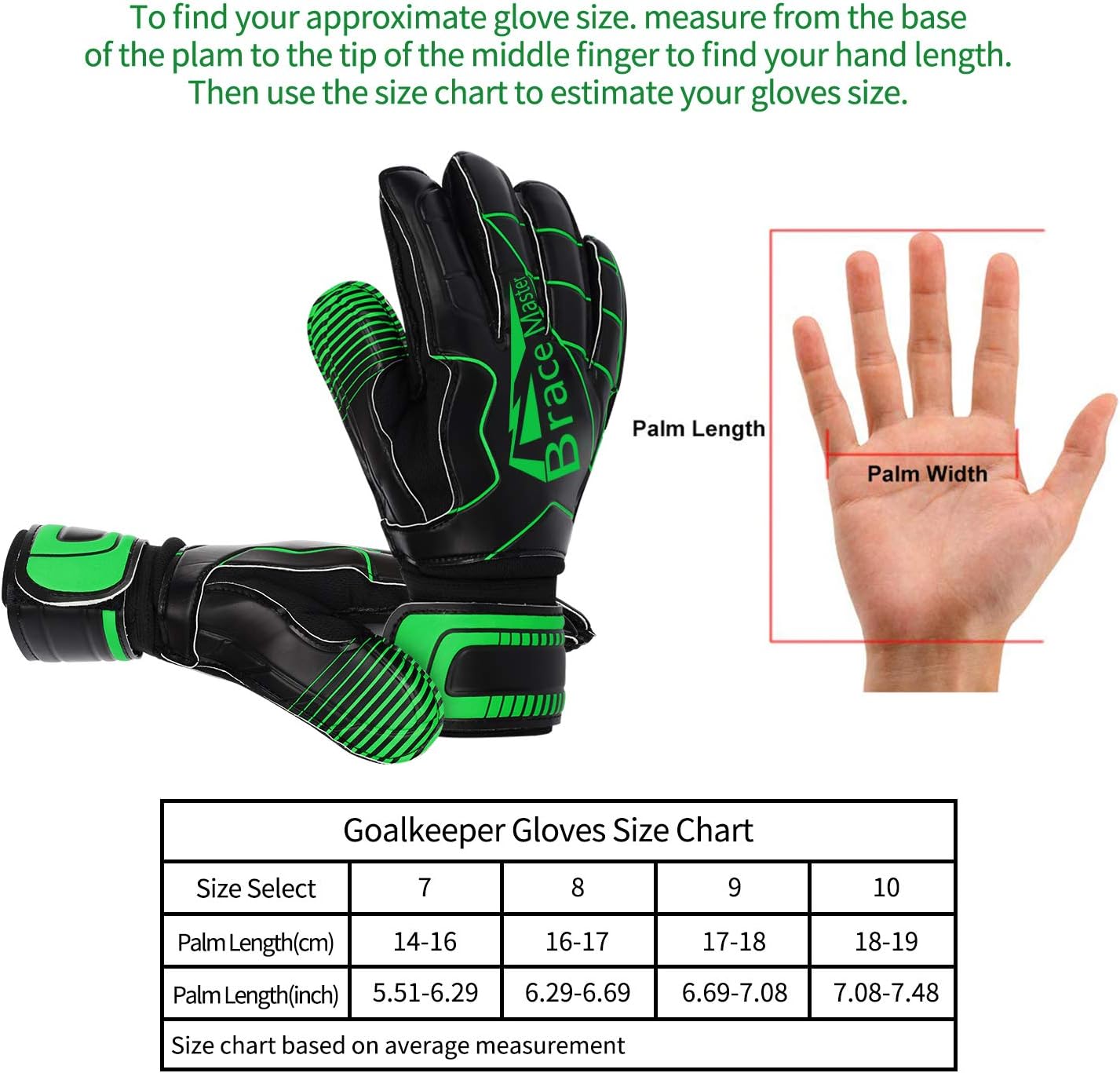 Brace Master Goalie Gloves (Sizes 7-10, 5 Styles), Double Wrist Design with Durable 3+3mm Strong Grip and Finger Spines Protection, Black Latex Goalkeeper Glove, Training and Match, Indoor and Outdoor : Sports & Outdoors