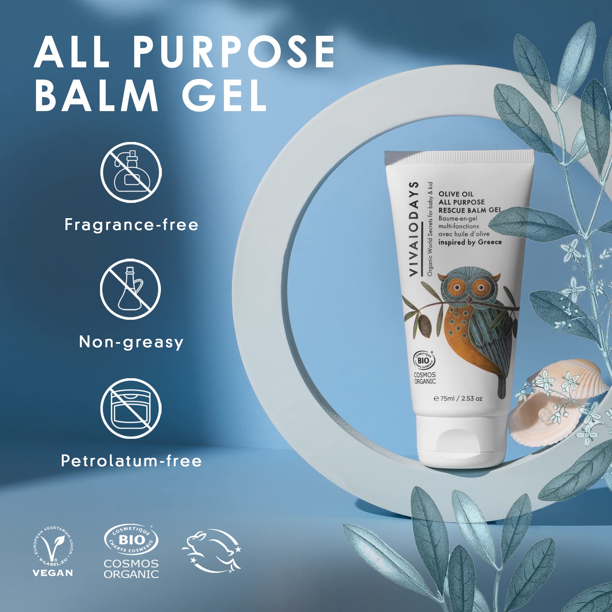 VIVAIODAYS - Olive Oil Rescue Balm Gel to Soothe Skin, Prevent Diaper Rash & Relieve Eczema, Gel Moisturizer for Face, 100% Natural, 96.8% Organic, COSMOS ORGANIC Certified, Safe for All Ages, 75 ml