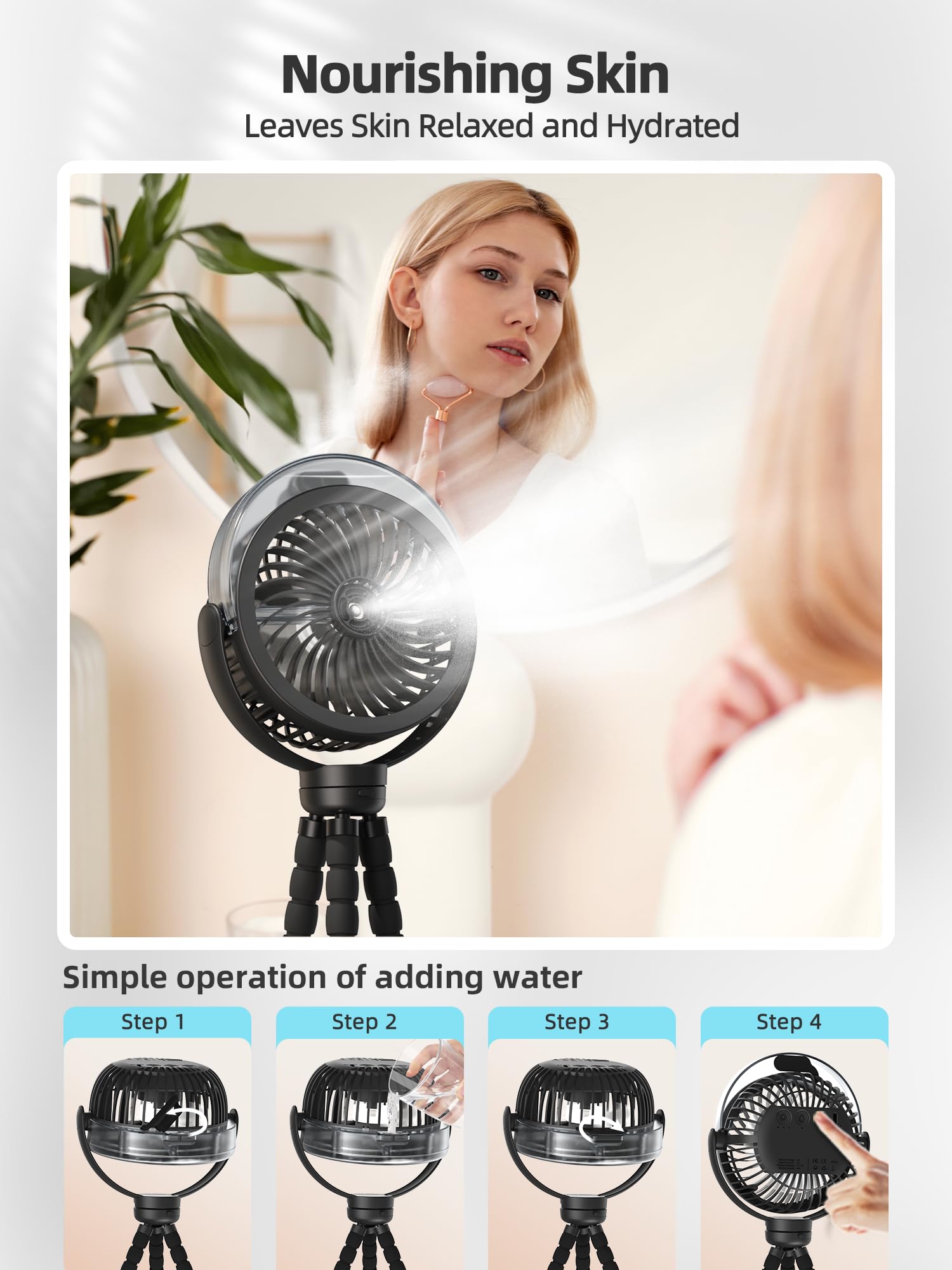 Misting Stroller Fan, 6000mAh Battery Operated Portable Fan with Light & 360° Pivoting, Personal Fans with Flexible Tripod for Baby, Office, Travel,Treadmill,Outdoors