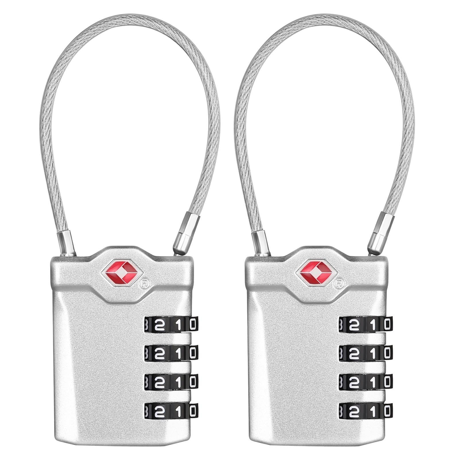 ZHEGE Travel Padlocks for Luggage, Suitcase Locks, White Code Padlock with Open Alert Indicator, 5.5in Flexible Cable Travel Padlock, 4 Digit Combination Padlock for Gym Locker (Silver, 2 Pack)